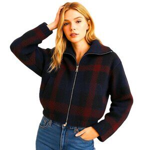 Zara Plaid Bouclé Zip Jacket Cropped Navy Burgundy M – Cozy & Trendy